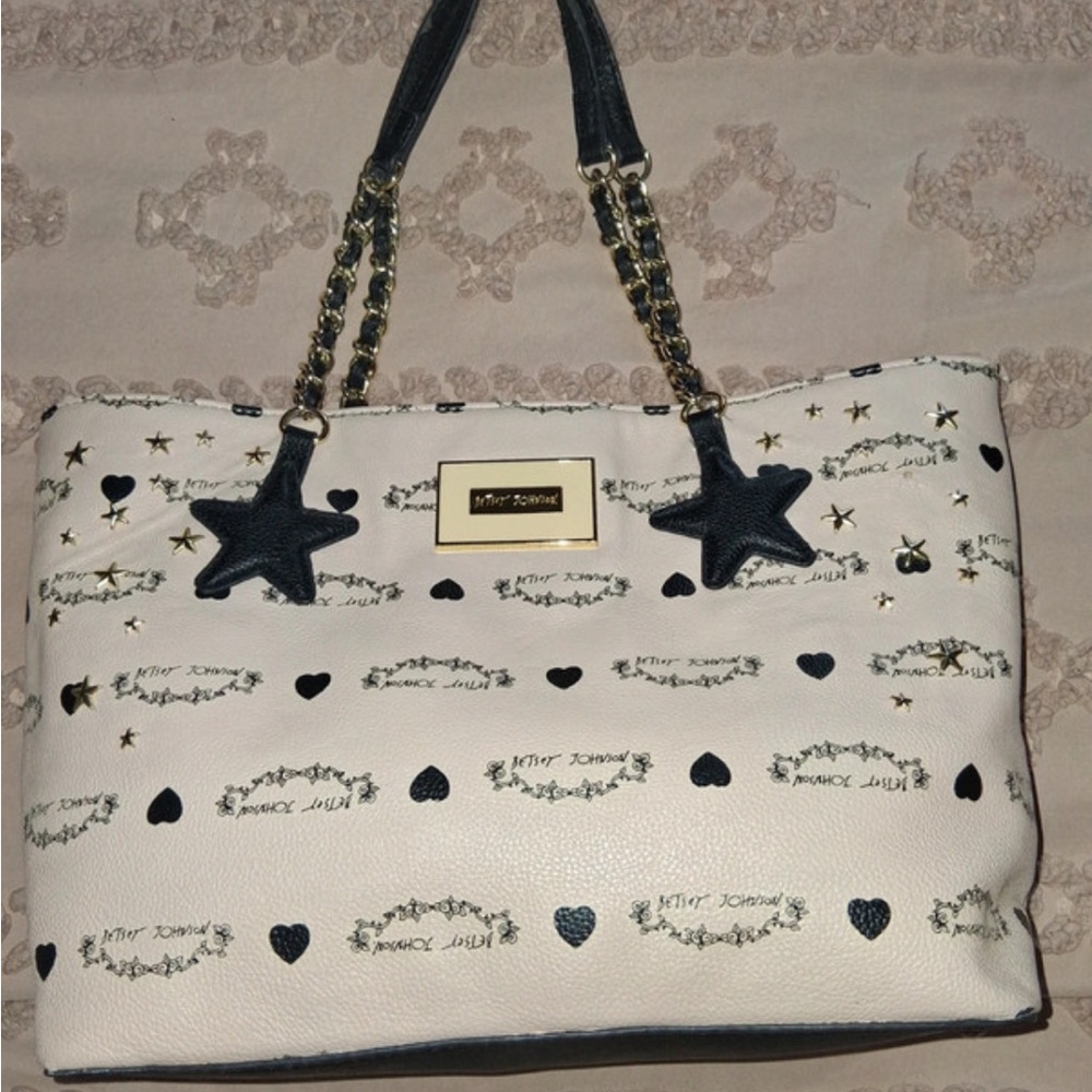Betsey Johnson White Tote with Black Star & Heart Accents
